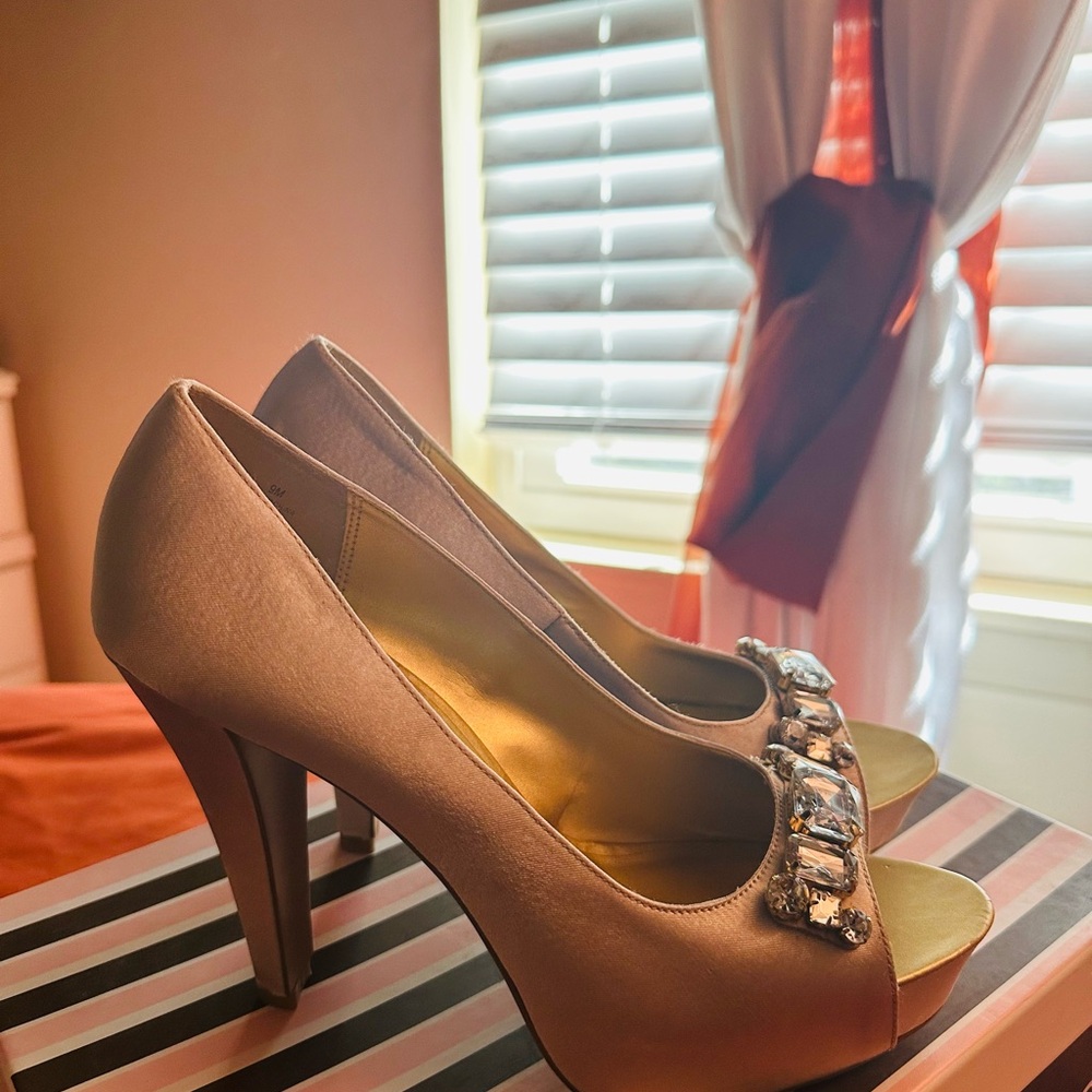 RSVP Taupe Peep-Toe Heels with Sparkling Accents